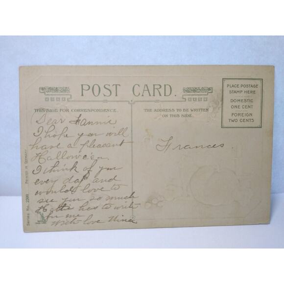 Halloween Postcard Fantasy Vampire Bats Human Face Pumpkin Cat Gottschalk 2399 - Picture 3 of 4